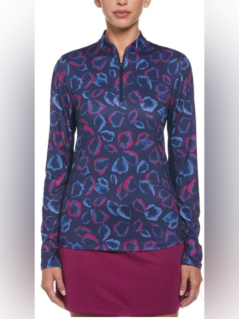 PGA Tour Navy Long Sleeve Pullover with Blue & Pink Floral Motif